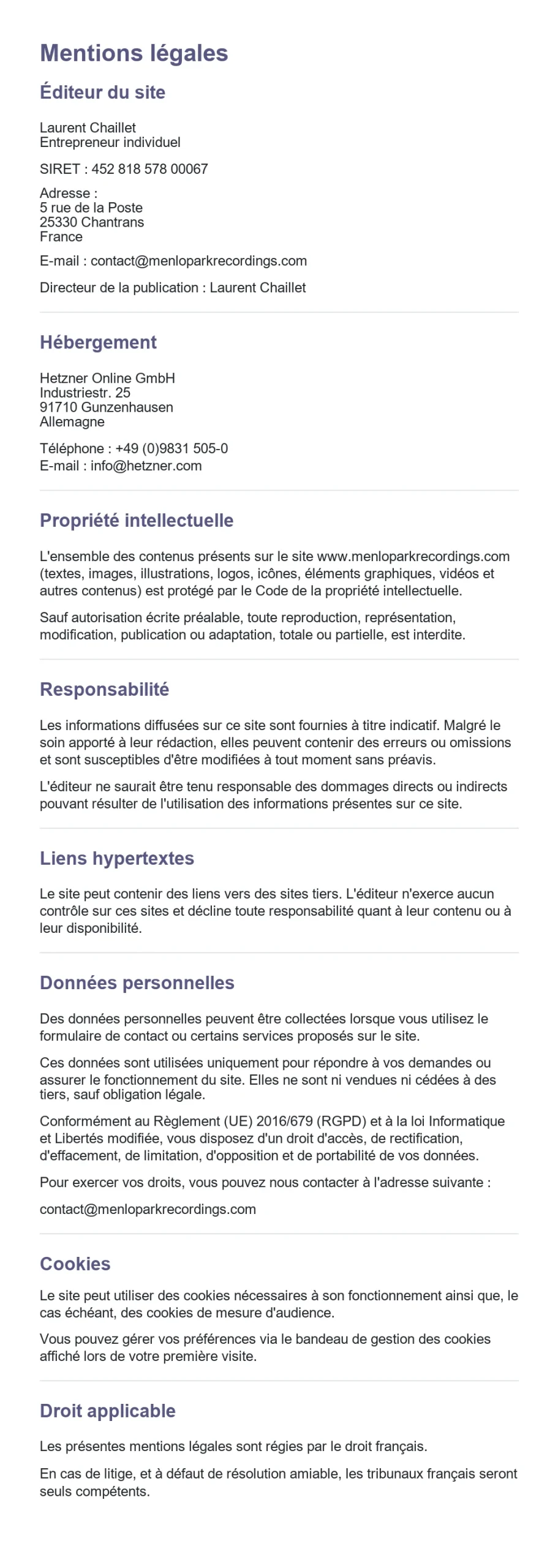 Document des mentions légales de Menlo Park Conseil